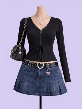 Vintage Y2K George Black Zip Front Tie Waist Long Sleeve Top Size M Grunge Goth